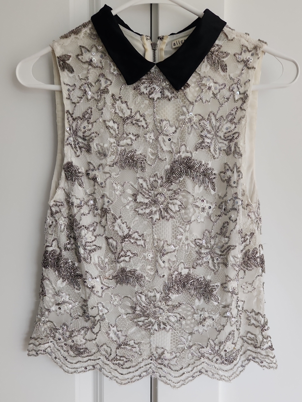 Alice & Olivia Lace Beaded Sleeveless Top with Black Collar